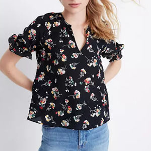 Madewell Silk Notched Ruffle-Cuff Top in Carnation Toss Floral, Size Medium